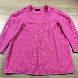Lane Bryant Sweater Women 26/28 Hot Pink Cable Knit Ribbed Hems Tunic Vneck